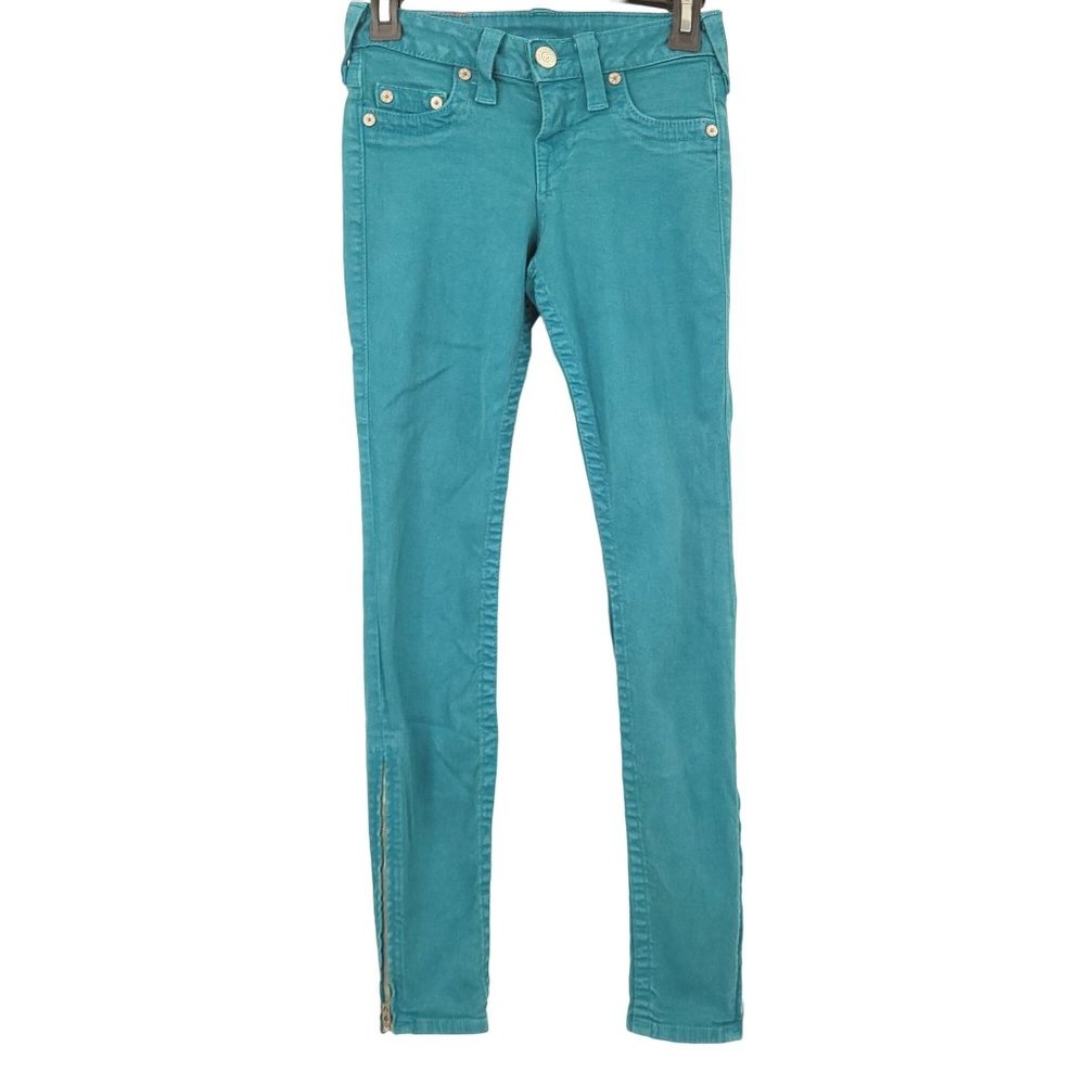 True Religion Tara Skinny Jeans Green Stretch Ankle Zipper Size 23 LowRise Denim
